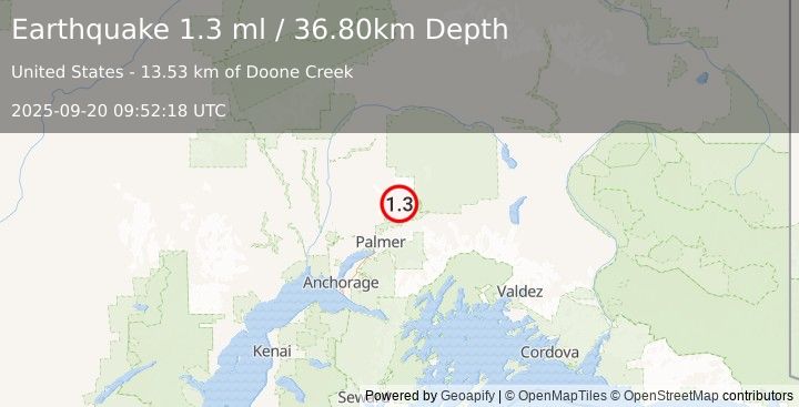 Earthquake 19 km N of Sutton-Alpine, Alaska (1.3 ml) (2025-09-20 09:52:18 UTC)