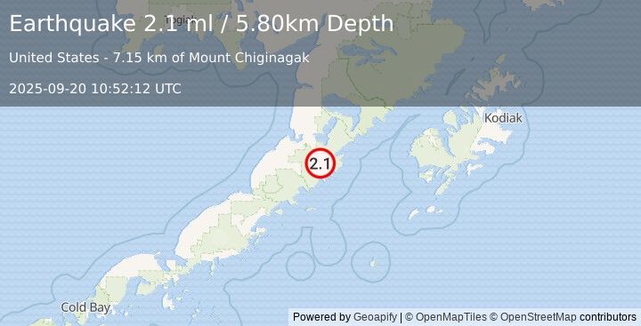 Earthquake 46 km SE of Ugashik, Alaska (2.1 ml) (2025-09-20 10:52:12 UTC)