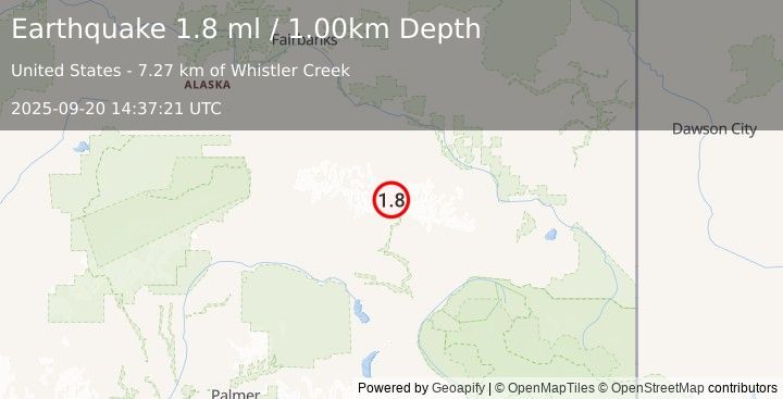 Earthquake 41 km NNW of Paxson, Alaska (1.8 ml) (2025-09-20 14:37:21 UTC)