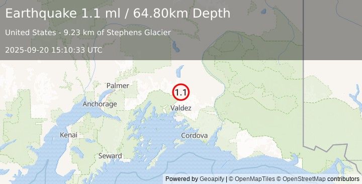 Earthquake 36 km N of Valdez, Alaska (1.1 ml) (2025-09-20 15:10:33 UTC)