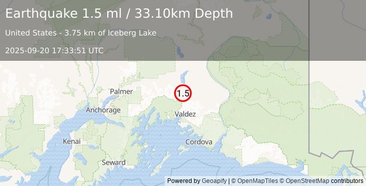 Earthquake 48 km N of Valdez, Alaska (1.5 ml) (2025-09-20 17:33:51 UTC)