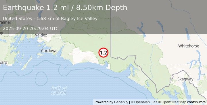Earthquake 129 km SE of McCarthy, Alaska (1.2 ml) (2025-09-20 20:29:04 UTC)