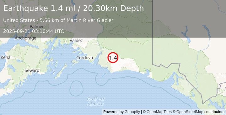 Earthquake 109 km SSW of McCarthy, Alaska (1.4 ml) (2025-09-21 03:10:44 UTC)