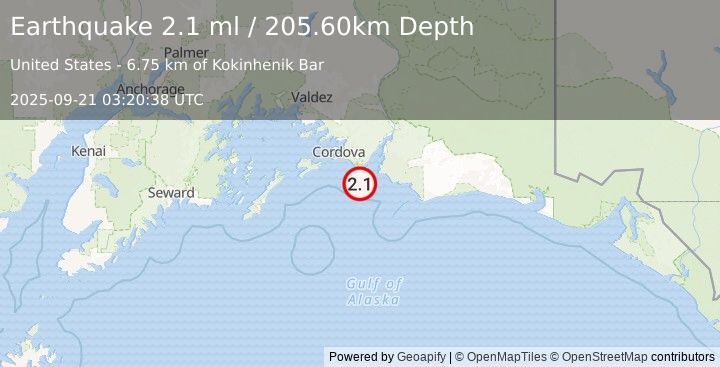Earthquake 46 km SSE of Cordova, Alaska (2.1 ml) (2025-09-21 03:20:38 UTC)