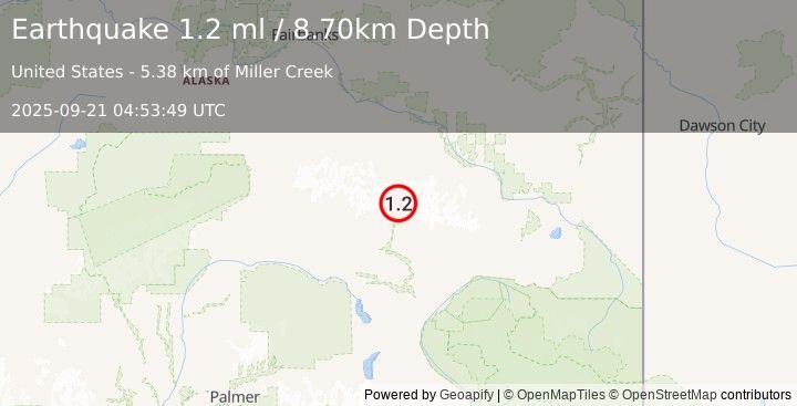 Earthquake 34 km NNW of Paxson, Alaska (1.2 ml) (2025-09-21 04:53:49 UTC)