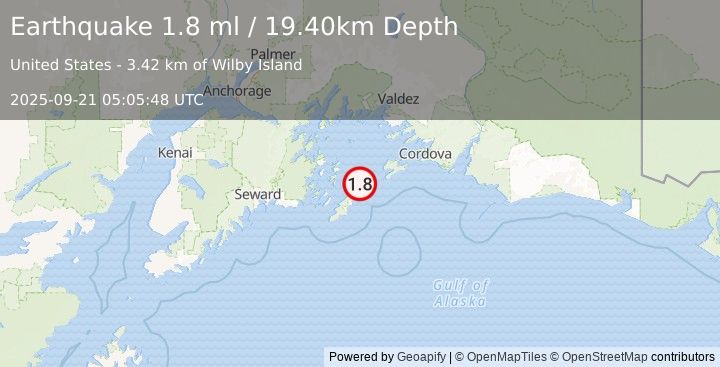 Earthquake 48 km ENE of Chenega, Alaska (1.8 ml) (2025-09-21 05:05:48 UTC)