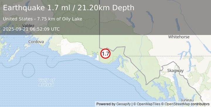 Earthquake 76 km NW of Yakutat, Alaska (1.7 ml) (2025-09-21 06:52:09 UTC)