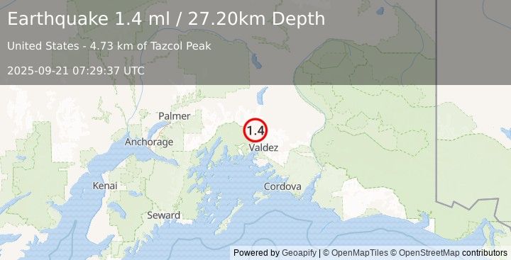 Earthquake 31 km NNW of Valdez, Alaska (1.4 ml) (2025-09-21 07:29:37 UTC)