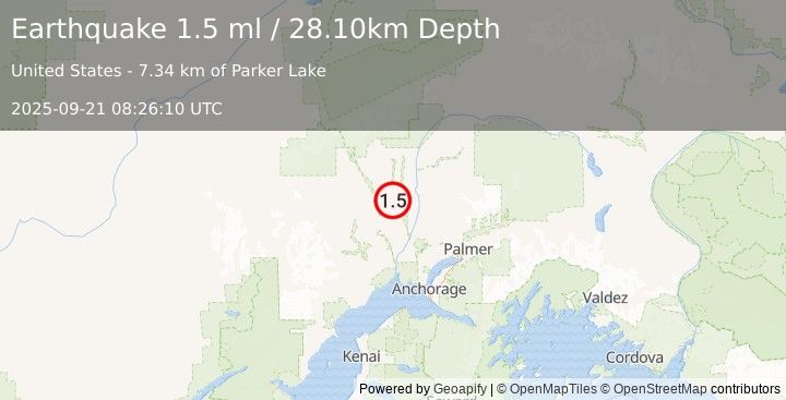 Earthquake 34 km SW of Trapper Creek, Alaska (1.5 ml) (2025-09-21 08:26:10 UTC)