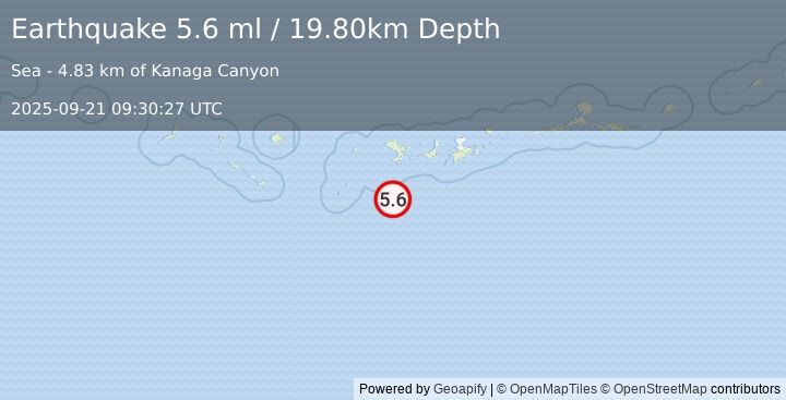 Earthquake 123 km SW of Adak, Alaska (5.6 ml) (2025-09-21 09:30:27 UTC)