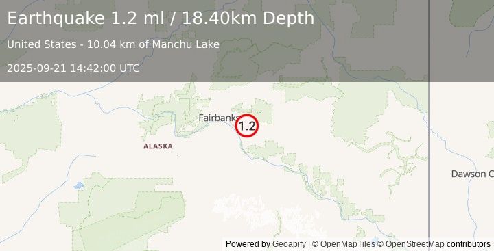 Earthquake 12 km NE of Eielson Air Force Base, Alaska (1.2 ml) (2025-09-21 14:42:00 UTC)
