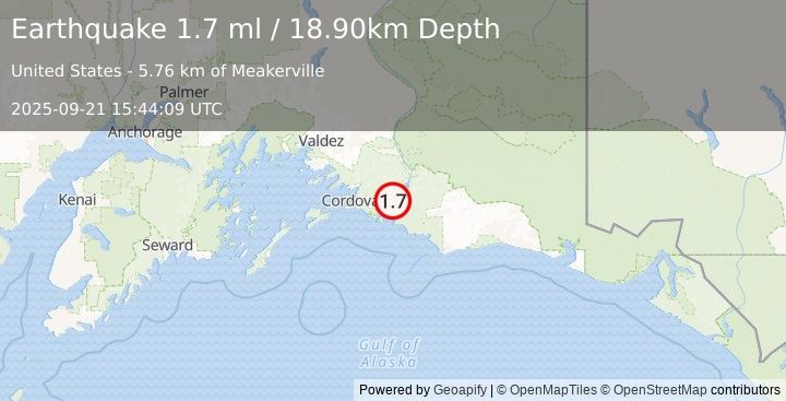 Earthquake 46 km E of Cordova, Alaska (1.7 ml) (2025-09-21 15:44:09 UTC)