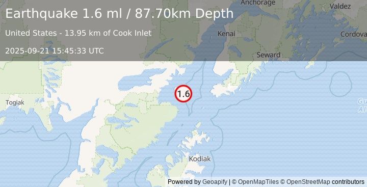 Earthquake 68 km W of Nanwalek, Alaska (1.6 ml) (2025-09-21 15:45:33 UTC)