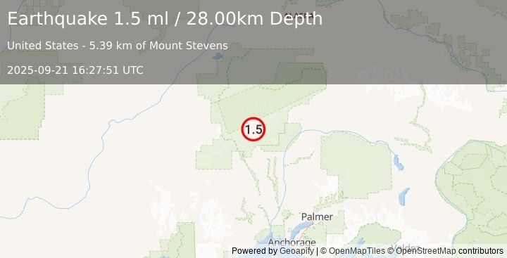 Earthquake 45 km NNW of Petersville, Alaska (1.5 ml) (2025-09-21 16:27:51 UTC)