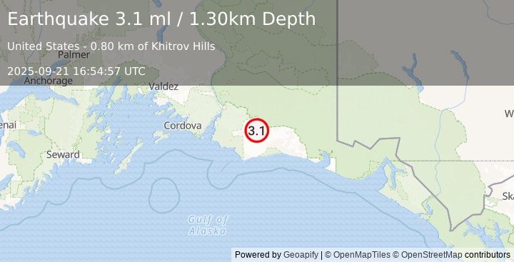 Earthquake 112 km SSW of McCarthy, Alaska (3.1 ml) (2025-09-21 16:54:57 UTC)