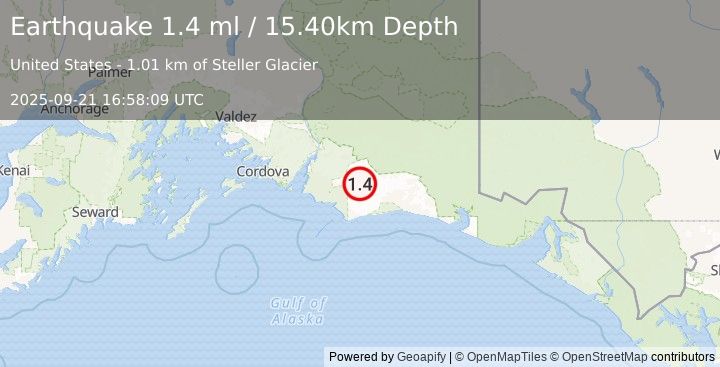Earthquake 118 km E of Cordova, Alaska (1.4 ml) (2025-09-21 16:58:09 UTC)