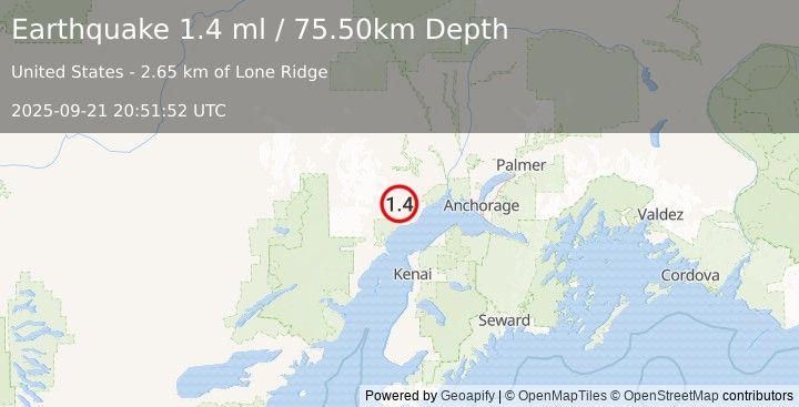 Earthquake 25 km WNW of Beluga, Alaska (1.4 ml) (2025-09-21 20:51:52 UTC)