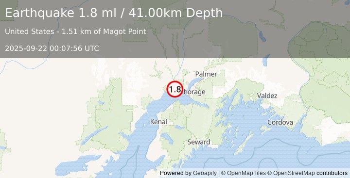 Earthquake 30 km S of Susitna, Alaska (1.8 ml) (2025-09-22 00:07:56 UTC)