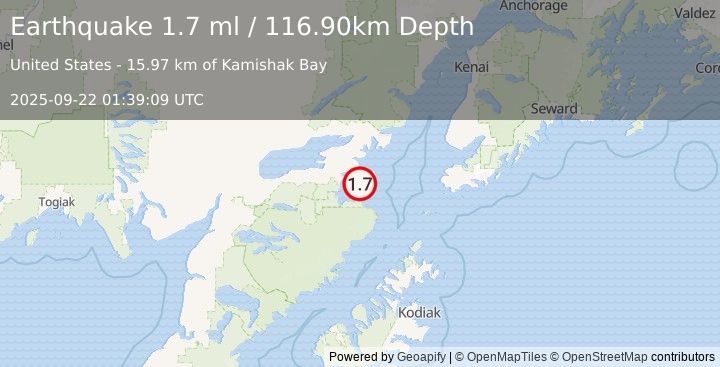 Earthquake 55 km SE of Pope-Vannoy Landing, Alaska (1.7 ml) (2025-09-22 01:39:09 UTC)