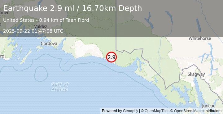 Earthquake 106 km WNW of Yakutat, Alaska (2.9 ml) (2025-09-22 01:47:08 UTC)