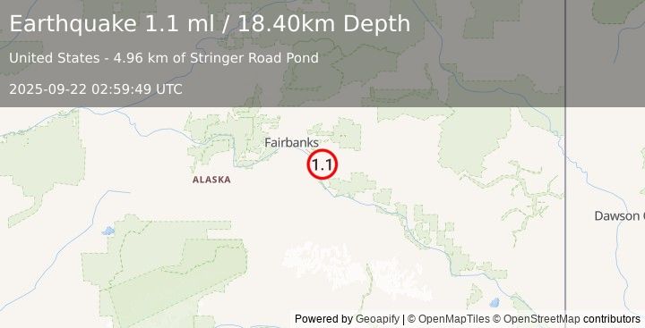 Earthquake 7 km SE of Eielson Air Force Base, Alaska (1.1 ml) (2025-09-22 02:59:49 UTC)