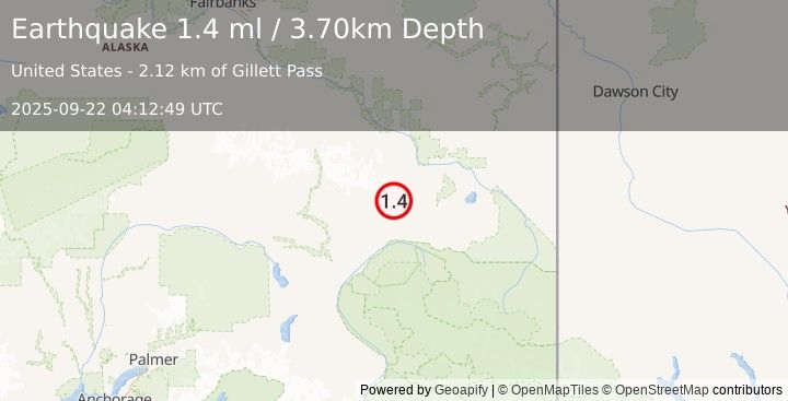 Earthquake 31 km NW of Mentasta Lake, Alaska (1.4 ml) (2025-09-22 04:12:49 UTC)