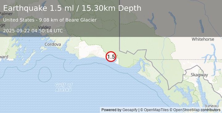 Earthquake 122 km WNW of Yakutat, Alaska (1.5 ml) (2025-09-22 04:50:14 UTC)