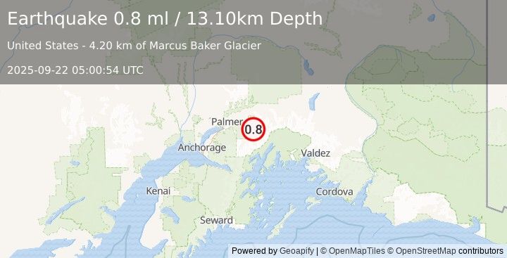 Earthquake 33 km E of Knik River, Alaska (0.8 ml) (2025-09-22 05:00:54 UTC)