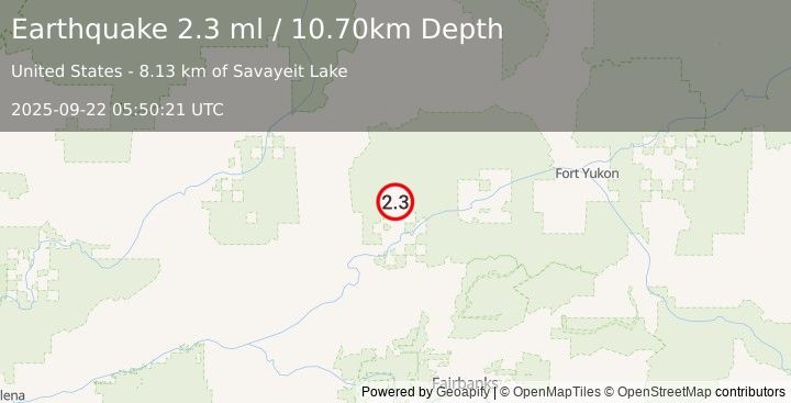 Earthquake 36 km N of Stevens Village, Alaska (2.3 ml) (2025-09-22 05:50:21 UTC)