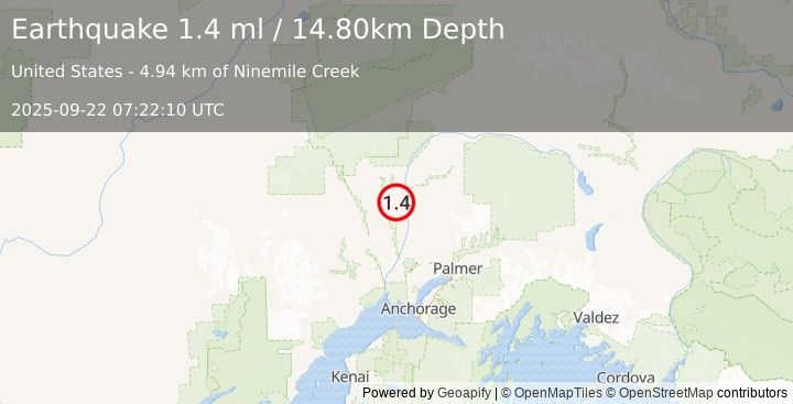 Earthquake 11 km SSW of Trapper Creek, Alaska (1.4 ml) (2025-09-22 07:22:10 UTC)