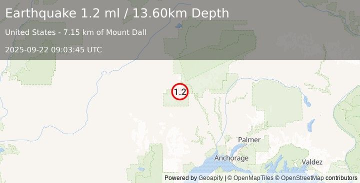 Earthquake 72 km W of Petersville, Alaska (1.2 ml) (2025-09-22 09:03:45 UTC)