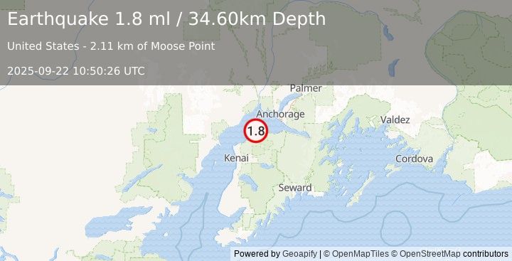 Earthquake 5 km NNE of Point Possession, Alaska (1.8 ml) (2025-09-22 10:50:26 UTC)