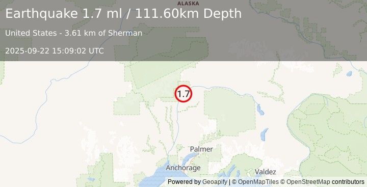 Earthquake 31 km NNE of Chase, Alaska (1.7 ml) (2025-09-22 15:09:02 UTC)