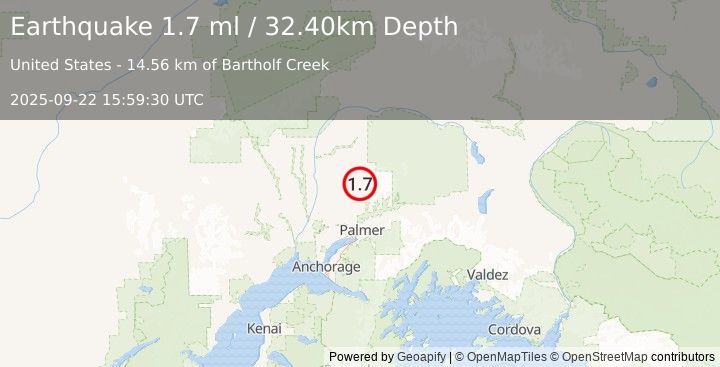 Earthquake 37 km ESE of Susitna North, Alaska (1.7 ml) (2025-09-22 15:59:30 UTC)