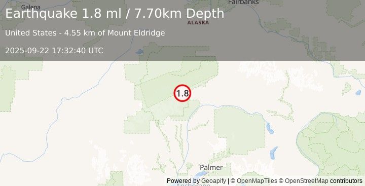 Earthquake 69 km NNE of Petersville, Alaska (1.8 ml) (2025-09-22 17:32:40 UTC)