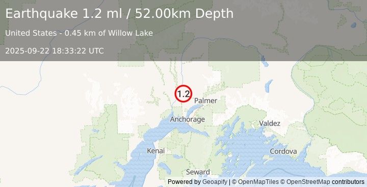 Earthquake 1 km WSW of Willow, Alaska (1.2 ml) (2025-09-22 18:33:22 UTC)
