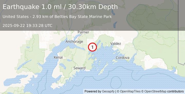 Earthquake 30 km NE of Whittier, Alaska (1.0 ml) (2025-09-22 19:33:28 UTC)