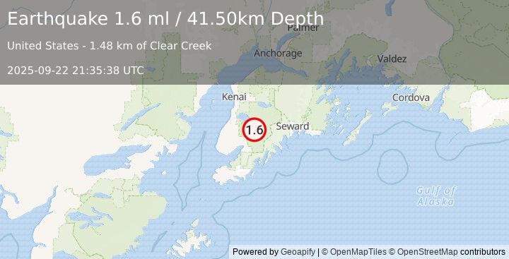 Earthquake 27 km NE of Fox River, Alaska (1.6 ml) (2025-09-22 21:35:38 UTC)