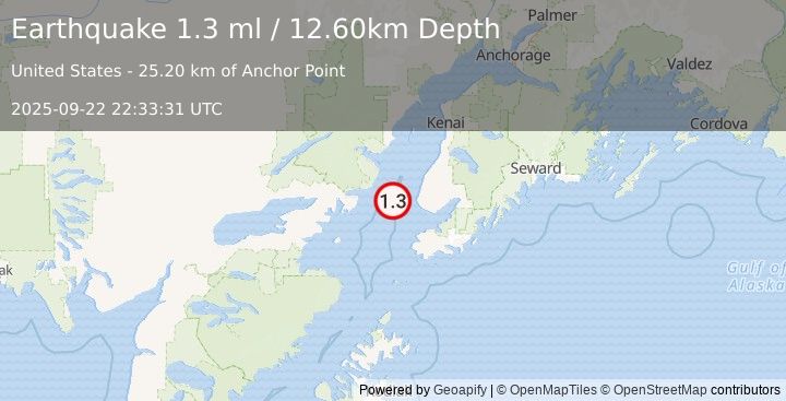 Earthquake 27 km W of Anchor Point, Alaska (1.3 ml) (2025-09-22 22:33:31 UTC)