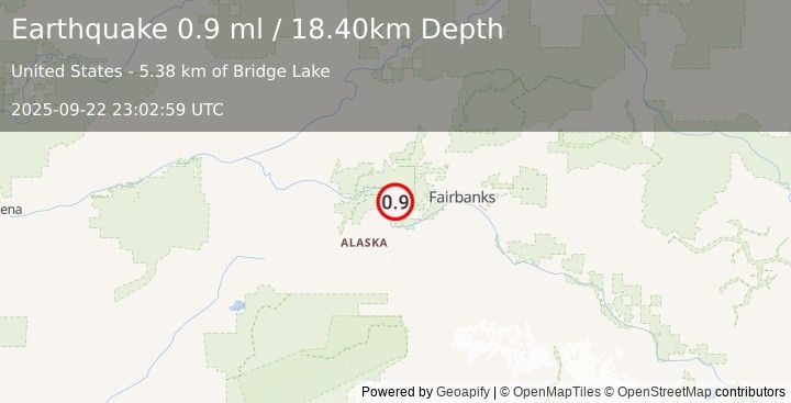 Earthquake 21 km N of Four Mile Road, Alaska (0.9 ml) (2025-09-22 23:02:59 UTC)
