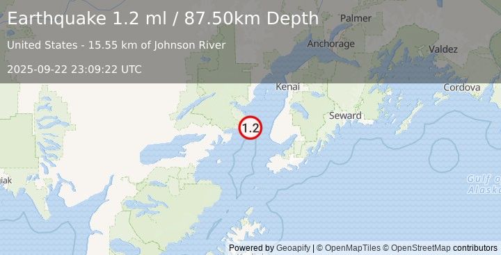 Earthquake 36 km WNW of Anchor Point, Alaska (1.2 ml) (2025-09-22 23:09:22 UTC)