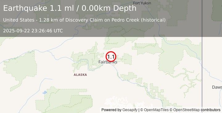 Earthquake 7 km NE of Fox, Alaska (1.1 ml) (2025-09-22 23:26:46 UTC)
