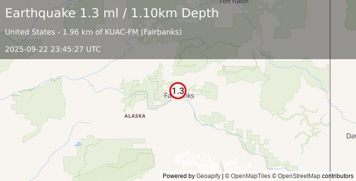 Earthquake 3 km NW of Farmers Loop, Alaska (1.3 ml) (2025-09-22 23:45:27 UTC)