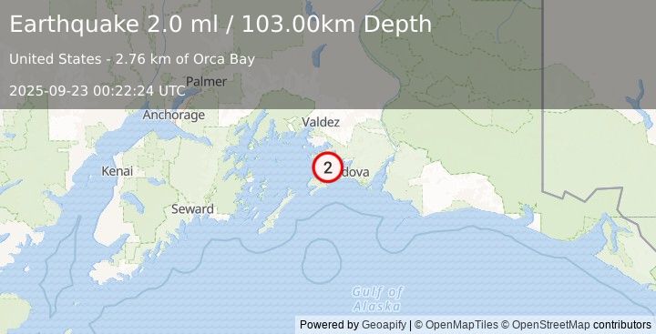 Earthquake 23 km WNW of Cordova, Alaska (2.0 ml) (2025-09-23 00:22:24 UTC)