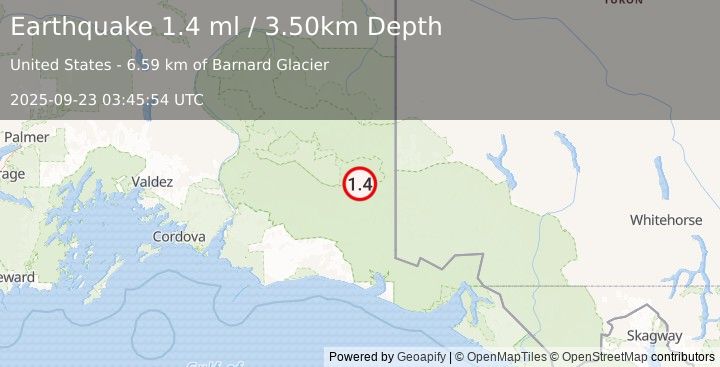 Earthquake 70 km ESE of McCarthy, Alaska (1.4 ml) (2025-09-23 03:45:54 UTC)