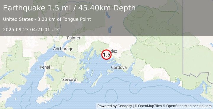 Earthquake 15 km N of Tatitlek, Alaska (1.5 ml) (2025-09-23 04:21:01 UTC)
