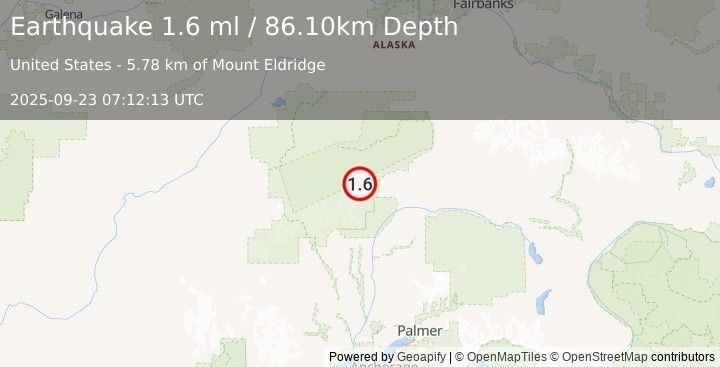 Earthquake 69 km NNE of Petersville, Alaska (1.6 ml) (2025-09-23 07:12:13 UTC)