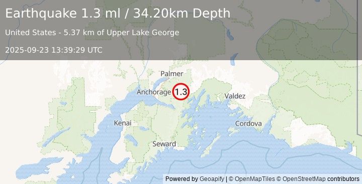 Earthquake 29 km SSE of Knik River, Alaska (1.3 ml) (2025-09-23 13:39:29 UTC)