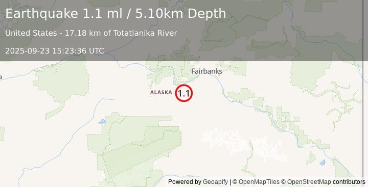 Earthquake 25 km SE of Nenana, Alaska (1.1 ml) (2025-09-23 15:23:36 UTC)