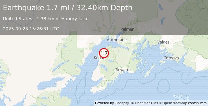 Earthquake 21 km NNW of Sterling, Alaska (1.7 ml) (2025-09-23 15:26:31 UTC)